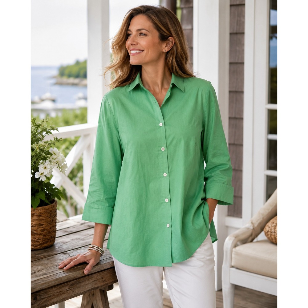 Orvis Green Cotton Button Up Shirt Women's Size 16 Lightweight Travel Coastal
